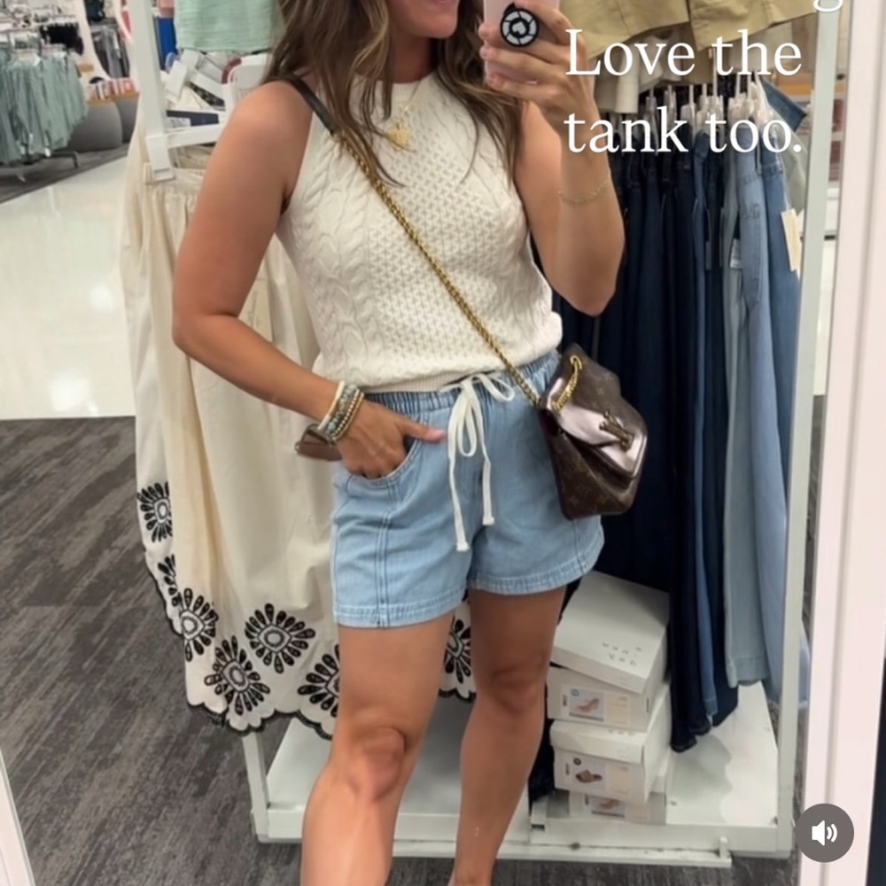 High-Rise Drawstring Denim Beach Shorts- NWT